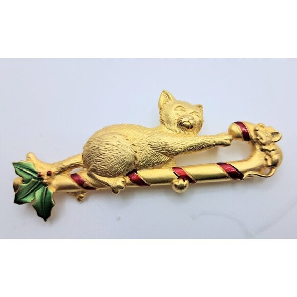 Vintage Women's Cat & Mouse Over Christmas Candy Cane Brooch Pin Gold Tone Red - Picture 2 of 4
